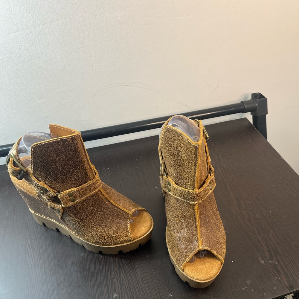 Sbicca Brown and Tan Wedge Sandals- Size 8